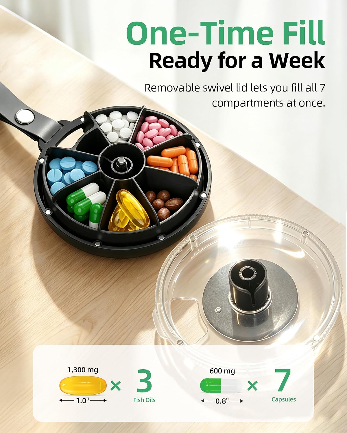 PULIV Portable Weekly Pill Organizer, Magnetic Rotary Design for Easy ...